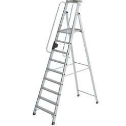 GUENZBURGER Escabeau En Aluminium Avec Marche Supérieure Grand Format - Main Courante, Des Deux Côtés - 9 Marches, Plate-forme