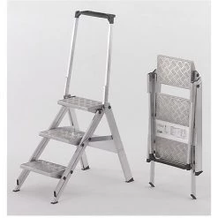 CERTEO Escabeau Pliant En Alu - Marche En Aluminium Strié - Avec Garde-corps, 3 Marches