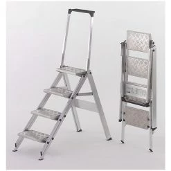 CERTEO Escabeau Pliant En Alu - Marche En Aluminium Strié - Avec Garde-corps, 4 Marches