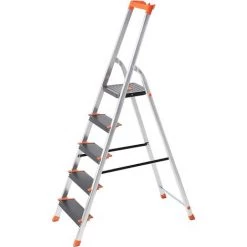 SONGMICS Échelle 5 Marches, En Aluminium, Escabeau, Largeur De La Marche: 12cm, Pliable, Avec Plateau à Outil, Pieds Antidérapants, Capacité De Charge 150KG GLT05BK - Gris Métallisé, Noir, Orange