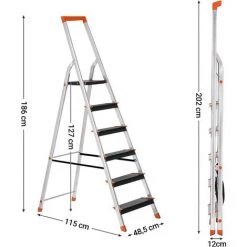 SONGMICS Échelle 6 Marches, En Aluminium, Escabeau, Largeur De La Marche: 12cm, Pliable, Avec Plateau à Outil, Pieds Antidérapants, Capacité De Charge 150KG GLT06BK - Gris Métallisé, Noir, Orange -Pas Cher Échelle Magasin 15873772 5