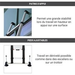 ECHELLE DIRECT - MATISERE Echelle Télescopique 3.50m Avec Barre Stabilisatrice Et Pieds Ajustables - TEL-70235WS/PPS -Pas Cher Échelle Magasin 16592743 4