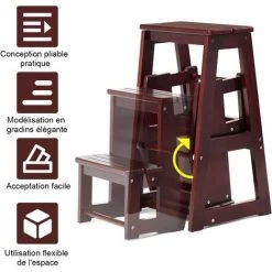 COSTWAY Escabeau Echelle Pliant 3 Marchepieds Tabouret Escamotable En Bois De Sapin Taille Déplié: 57x38x65(LxlxH) -Pas Cher Échelle Magasin 16894904 3