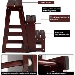 COSTWAY Escabeau Echelle Pliant 3 Marchepieds Tabouret Escamotable En Bois De Sapin Taille Déplié: 57x38x65(LxlxH) -Pas Cher Échelle Magasin 16894904 4