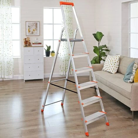 SONGMICS Échelle 6 Marches En Aluminium, Escabeau, Largeur Marche 12cm, Pliable, Plateau à Outil, Pieds Antidérapants, Charge 150kg, Test TÜV Rheinland, GS EN131, Argent Et Orange GLT006WT01 - Argent Et Orange 2 SONGMICS Échelle 6 Marches En Aluminium, Escabeau, Largeur Marche 12cm, Pliable, Plateau à Outil, Pieds Antidérapants, Charge 150kg, Test TÜV Rheinland, GS EN131, Argent Et Orange GLT006WT01 - Argent Et Orange – Image 2