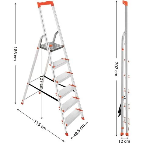SONGMICS Échelle 6 Marches En Aluminium, Escabeau, Largeur Marche 12cm, Pliable, Plateau à Outil, Pieds Antidérapants, Charge 150kg, Test TÜV Rheinland, GS EN131, Argent Et Orange GLT006WT01 - Argent Et Orange 5 SONGMICS Échelle 6 Marches En Aluminium, Escabeau, Largeur Marche 12cm, Pliable, Plateau à Outil, Pieds Antidérapants, Charge 150kg, Test TÜV Rheinland, GS EN131, Argent Et Orange GLT006WT01 - Argent Et Orange – Image 5