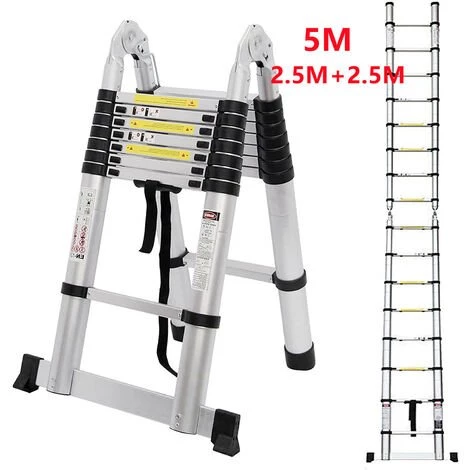 OOBEST 5M Échelle Télescopique Pliante, Échelle Escabeau Télescopique En Aluminium 16 Echelons, Charge Max 150 Kg 1 OOBEST 5M Échelle Télescopique Pliante, Échelle Escabeau Télescopique En Aluminium 16 Echelons, Charge Max 150 Kg