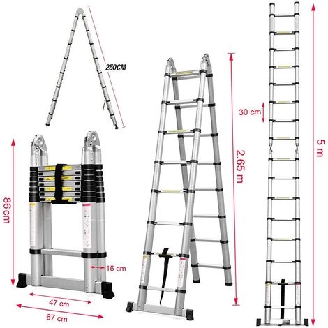 OOBEST 5M Échelle Télescopique Pliante, Échelle Escabeau Télescopique En Aluminium 16 Echelons, Charge Max 150 Kg 5 OOBEST 5M Échelle Télescopique Pliante, Échelle Escabeau Télescopique En Aluminium 16 Echelons, Charge Max 150 Kg – Image 5