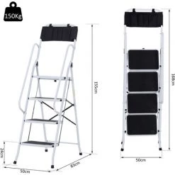 HOMCOM Escabeau Pliable 4 Marches XL Antidérapantes Double Garde Corps Hauteur Max. 1,55 M Charge Max. 150 Kg Pochette Outils Intégrée Acier Blanc Noir - Blanc -Pas Cher Échelle Magasin 25008509 3