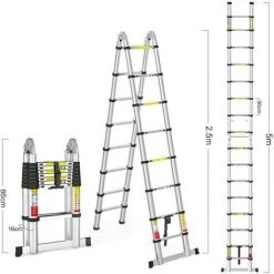 IDEGU 5M Échelle Télescopique En Aluminium Pliante (2,5M + 2,5M), Échelle Escamotable Multifonction Bricolage Pliable Charge 150 Kg, Noir -Pas Cher Échelle Magasin 28258328 3