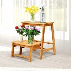 COSTWAY Tabouret D'Echelle Pliante Marchepied Avec 2 étages, En Bambou, Idéal Pour Librairie, Maison, Peut Supporter Jusqu’à 100kg