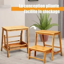 COSTWAY Tabouret D'Echelle Pliante Marchepied Avec 2 étages, En Bambou, Idéal Pour Librairie, Maison, Peut Supporter Jusqu’à 100kg 7 COSTWAY Tabouret D'Echelle Pliante Marchepied Avec 2 étages, En Bambou, Idéal Pour Librairie, Maison, Peut Supporter Jusqu’à 100kg -Pas Cher Échelle Magasin 28883507 3