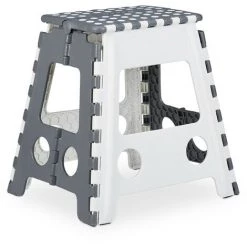 Relaxdays Tabouret XL Pliant, Escabeau, Une Marche, Avec Poignée, 120 Kg, Plastique, 39,5 X 38,5 X 32 Cm, Gris/blanc