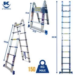 Echelle Télescopique Double Plan KELI (380 Cm), Echelle Pliante 2 En 1 Echelle Escamotable, Fabriquée En Aluminium De Qualité Professionnelle, Certifiée à 150kg En131 Ce -Pas Cher Échelle Magasin 35040338 5