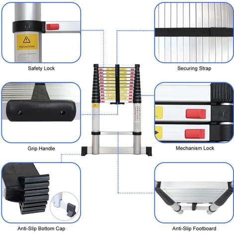 TODECO Echelle Telescopique, échelle Pliable, 3,8 Mètre(s), Sac De Transport OFFERT, Barre Stabilisatrice, EN 131, Charge Maximale: 150 Kg 3 TODECO Echelle Telescopique, échelle Pliable, 3,8 Mètre(s), Sac De Transport OFFERT, Barre Stabilisatrice, EN 131, Charge Maximale: 150 Kg – Image 3