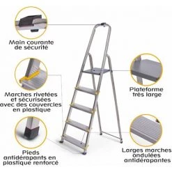 HOSTRÖM Hostrom - Escabeau Dura 5 Marches En Aluminium, Léger Et Pliable, Pieds Antidérapants, Hauteur De Plateforme 97cm, Charge Maximale 150kg -Pas Cher Échelle Magasin 35236648 5