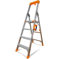 Escabeau Keli Le Super Pro (4 Marches (travail à 2,7m), Marchepied, Échelle Pliable, Fabriqué En Aluminium, Qualité Professionnelle, Poignée De Transport Confort, Porte Outils Abs