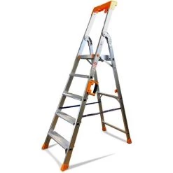 Escabeau KELI Le Super Pro (5 Marches (travail à 2,9m), Marchepied, Échelle Pliable, Fabriqué En Aluminium, Qualité Professionnelle, Poignée De Transport Confort, Porte Outils Abs