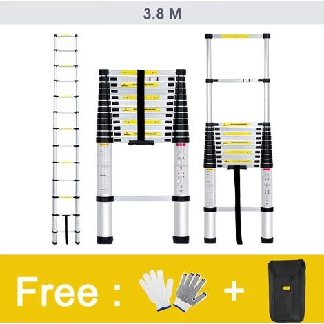 FREOSEN 3.8M Échelle Télescopique Portable Multifonctions Aluminium Pliable 13 Étapes Convient Léger Sécurité + Sac + Gants 1 FREOSEN 3.8M Échelle Télescopique Portable Multifonctions Aluminium Pliable 13 Étapes Convient Léger Sécurité + Sac + Gants