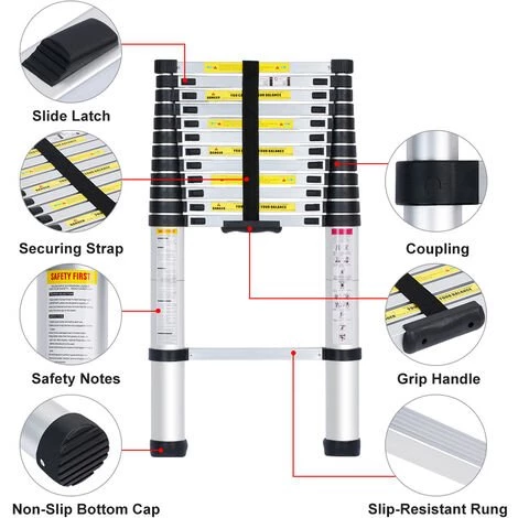FREOSEN 3.8M Échelle Télescopique Portable Multifonctions Aluminium Pliable 13 Étapes Convient Léger Sécurité + Sac + Gants 4 FREOSEN 3.8M Échelle Télescopique Portable Multifonctions Aluminium Pliable 13 Étapes Convient Léger Sécurité + Sac + Gants – Image 4