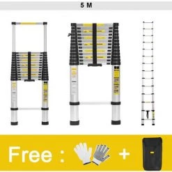 FREOSEN 5M Échelle Télescopique Portable Echelle Multi-Fonction En Aluminium,Capacité 150 Kg ,13 Echelons+ Sac + Gants
