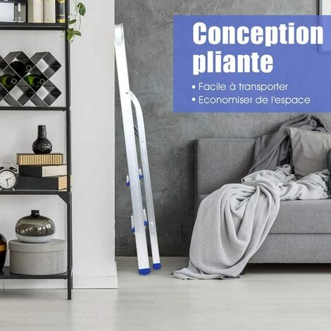 GOPLUS Escabeau Pliable à 3/4/5 Marches, ?chelle Ultra Léger En Aluminium Avec Couvre-pied En Plastique, Stucture Triangulaire Stable, Pour Maison Et Garage, Charge Maximale 150KG, Argent (3 Marches) 2 GOPLUS Escabeau Pliable à 3/4/5 Marches, ?chelle Ultra Léger En Aluminium Avec Couvre-pied En Plastique, Stucture Triangulaire Stable, Pour Maison Et Garage, Charge Maximale 150KG, Argent (3 Marches) – Image 2