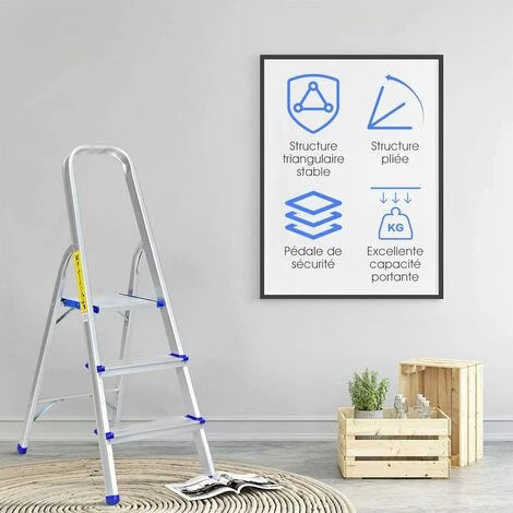 GOPLUS Escabeau Pliable à 3/4/5 Marches, ?chelle Ultra Léger En Aluminium Avec Couvre-pied En Plastique, Stucture Triangulaire Stable, Pour Maison Et Garage, Charge Maximale 150KG, Argent (3 Marches) 3 GOPLUS Escabeau Pliable à 3/4/5 Marches, ?chelle Ultra Léger En Aluminium Avec Couvre-pied En Plastique, Stucture Triangulaire Stable, Pour Maison Et Garage, Charge Maximale 150KG, Argent (3 Marches) – Image 3
