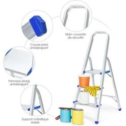 GOPLUS Escabeau Pliable à 3/4/5 Marches, ?chelle Ultra Léger En Aluminium Avec Couvre-pied En Plastique, Stucture Triangulaire Stable, Pour Maison Et Garage, Charge Maximale 150KG, Argent (3 Marches) 8 GOPLUS Escabeau Pliable à 3/4/5 Marches, ?chelle Ultra Léger En Aluminium Avec Couvre-pied En Plastique, Stucture Triangulaire Stable, Pour Maison Et Garage, Charge Maximale 150KG, Argent (3 Marches) -Pas Cher Échelle Magasin 40243164 4