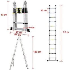 DAY PLUS 1.9m+1.9m DAYPLUS Échelle Télescopique, Escabeau Telescopique Pliant En Aluminium 3,8 M, Charge Capacité 330 Lbs/150 Kg -Pas Cher Échelle Magasin 43459408 3