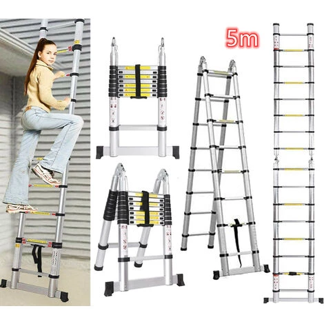 SKECTEN Échelle Télescopique En Aluminium De 5 M (2,5 M + 2,5 M) Extensible Polyvalente, Robuste, 16 Marches, Capacité De 150 Kg/330 LB Avec Sécurité Certifiée 1 SKECTEN Échelle Télescopique En Aluminium De 5 M (2,5 M + 2,5 M) Extensible Polyvalente, Robuste, 16 Marches, Capacité De 150 Kg/330 LB Avec Sécurité Certifiée