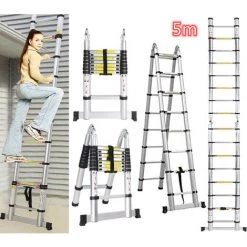 OOBEST Échelle Télescopique En Aluminium De 5 M (2,5 M + 2,5 M) Extensible Polyvalente, Robuste, 16 Marches, Capacité De 150 Kg/330 LB Avec Sécurité Certifiée