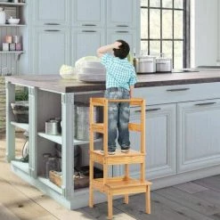 COSTWAY Tour D'Apprentissage Pour Enfants En Bois à 2 Marches Bandes Antidérapantes Charge 70KG Aide De Cuisine Naturel