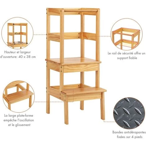 COSTWAY Tour D'Apprentissage Pour Enfants En Bois à 2 Marches Bandes Antidérapantes Charge 70KG Aide De Cuisine Naturel 2 COSTWAY Tour D'Apprentissage Pour Enfants En Bois à 2 Marches Bandes Antidérapantes Charge 70KG Aide De Cuisine Naturel – Image 2