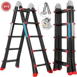 Masko® Aluminium échelle Télescopique Multifonctionnel En Aluminium échelle Pliante échelle, 5.10m / 4x5 Sprossen Black/Rot (de)