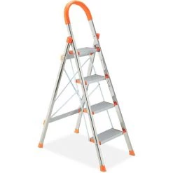 Relaxdays Escabeau, 4 Marches Antidérapantes, Pliable, Acier Et Plastique, Charge Maximale : Env. 150 kg, Argenté/orange