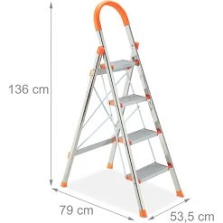 Relaxdays Escabeau, 4 Marches Antidérapantes, Pliable, Acier Et Plastique, Charge Maximale : Env. 150 kg, Argenté/orange -Pas Cher Échelle Magasin 55049285 5