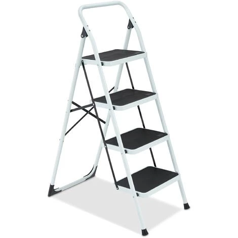 Relaxdays Escabeau, 4 Marches Antidérapantes, Pliable, Acier Et Plastique, Charge Maximale : Env. 150 kg, Blanc/noir 1 Relaxdays Escabeau, 4 Marches Antidérapantes, Pliable, Acier Et Plastique, Charge Maximale : Env. 150 kg, Blanc/noir