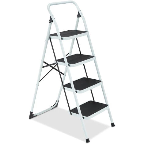 Relaxdays Escabeau, 4 Marches Antidérapantes, Pliable, Acier Et Plastique, Charge Maximale : Env. 150 kg, Blanc/noir 2 Relaxdays Escabeau, 4 Marches Antidérapantes, Pliable, Acier Et Plastique, Charge Maximale : Env. 150 kg, Blanc/noir – Image 2