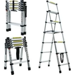 DAY PLUS Échelle Télescopique 1,7 M - 2 M, échelle Pliante, échelle Polyvalente En A, Escabeau En Aluminium, échelle à Coulisse, Escabeau, échelle Pour Le Ménage, Bricolage (5 + 6 Marches)