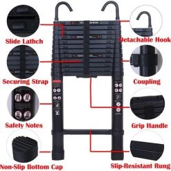 DAY PLUS Échelle Télescopique En Aluminium De 5 M/16,5 Pi Avec Crochet Amovible Échelle Polyvalente Pliante Extensible Robuste EN131 Approuvé De Sécurité Noir -Pas Cher Échelle Magasin 55255181 3