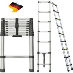 DAY PLUS Échelle Télescopique De 2,6 M En Acier Inoxydable De Haute Qualité, 9 Marches, échelle à Coulisse, échelle Pliante Antidérapante, Escabeau, échelle Polyvalente Capacité De Charge Jusqu'à 150 Kg | Échelle Sûre Et Fiable (EN131)