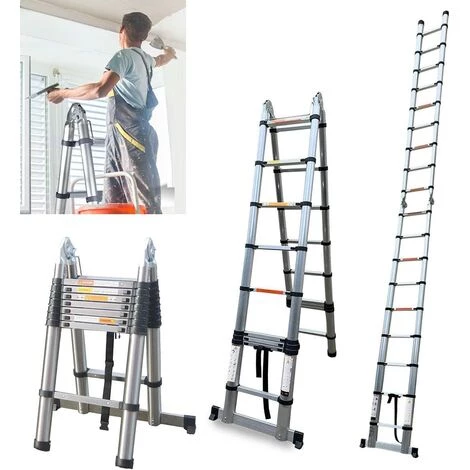 DAY PLUS Échelle Télescopique 5 M, Pliable Avec Stabilisateur, échelle Pliante Antidérapante, échelle Polyvalente En Acier Inoxydable De Haute Qualité, Charge Maximale 150 Kg (2,5 + 2,5 M) 1 DAY PLUS Échelle Télescopique 5 M, Pliable Avec Stabilisateur, échelle Pliante Antidérapante, échelle Polyvalente En Acier Inoxydable De Haute Qualité, Charge Maximale 150 Kg (2,5 + 2,5 M)