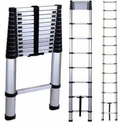 DAY PLUS Échelle Télescopique De 3,8 M En Acier Inoxydable De Haute Qualité, 13 Marches, échelle à Coulisse, échelle Pliante Antidérapante, Escabeau, échelle Polyvalente Capacité De Charge Jusqu'à 150 Kg | Échelle Sûre Et Fiable (EN131)