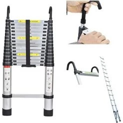 DAY PLUS Échelle Polyvalente En Aluminium De 4,4 M, échelle Télescopique Avec Crochet Amovible, échelle Extensible, échelle Pliante, Marches Antidérapantes, échelle Multifonctions, Escabeau, Capacité De Charge De 150 Kg