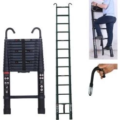 DAY PLUS Échelle Télescopique De 3,8 M Avec Crochet, échelle D'extension En Aluminium, échelle Pliante Antidérapante, échelle Polyvalente En Aluminium De Haute Qualité Avec Un Bouton Rétractable, Capacité De Charge De 330 Lb