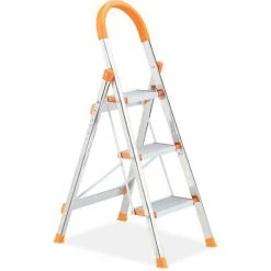 Relaxdays Escabeau, 3 Marches, Pliable, Charge Maximale : Env. 150 kg, Acier Et Plastique, Garde-corps, Argenté/orange