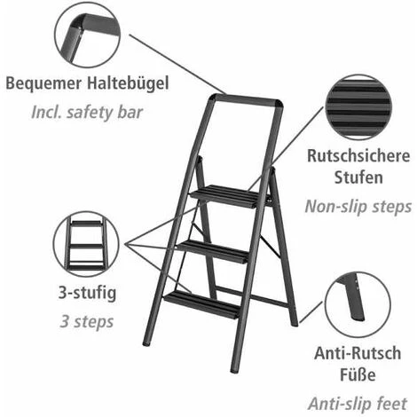 WENKO Escabeau 3 Marches, Petit Escabeau Pliable, Marches Antidérapantes, Léger 4,05 Kg, Aluminium, 48x114,5x6 Cm, Gris Foncé 2 WENKO Escabeau 3 Marches, Petit Escabeau Pliable, Marches Antidérapantes, Léger 4,05 Kg, Aluminium, 48x114,5x6 Cm, Gris Foncé – Image 2