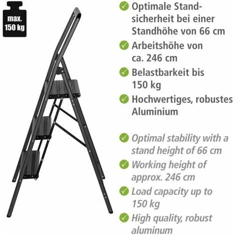 WENKO Escabeau 3 Marches, Petit Escabeau Pliable, Marches Antidérapantes, Léger 4,05 Kg, Aluminium, 48x114,5x6 Cm, Gris Foncé 3 WENKO Escabeau 3 Marches, Petit Escabeau Pliable, Marches Antidérapantes, Léger 4,05 Kg, Aluminium, 48x114,5x6 Cm, Gris Foncé – Image 3