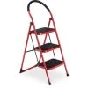 Relaxdays Escabeau, Pliable, 3 Marches Antidérapantes, Charge Max. : 150 kg, Garde-corps, Acier Et Plastique, Rouge/noir