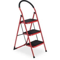 Relaxdays Escabeau, Pliable, 3 Marches Antidérapantes, Charge Max. : 150 kg, Garde-corps, Acier Et Plastique, Rouge/noir